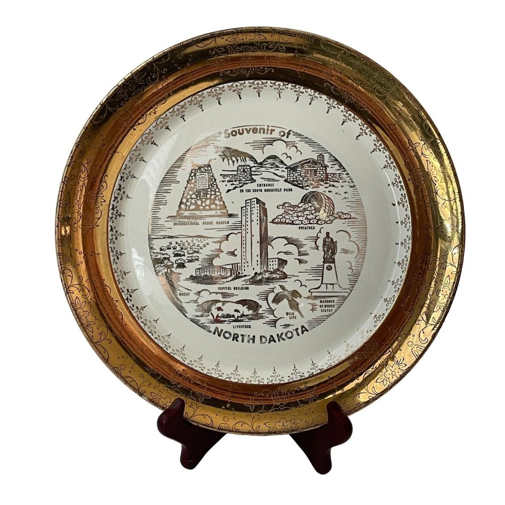 Vintage Sabin Crest O Gold North Dakota State Plate Souvenir Collector 22K Gold
